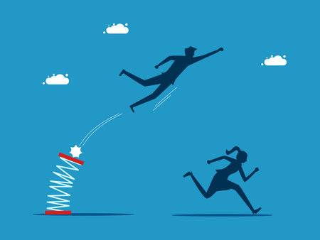 gain a competitive advantage in business. man jumping high with spring over others vectorのイラスト素材