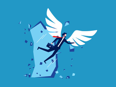 Escape to a bigger goal. Businessman with wings flying breaks the wall barrier vectorのイラスト素材