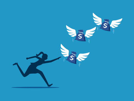 Businesswoman chasing money bags vector illustrationのイラスト素材