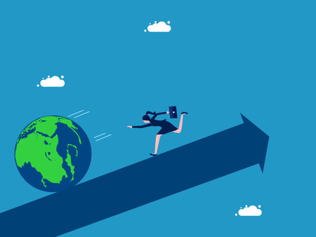 world economic problems. Businesswoman chasing the falling world. vectorのイラスト素材