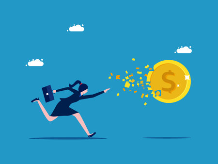 Lost money. Businesswoman running after lost coins. Business concept vectorのイラスト素材