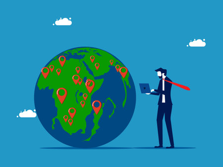 Expand business around the world. Businessman pinning branches on global map. vectorのイラスト素材