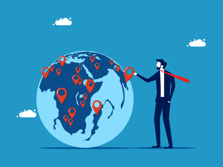 Expand business around the world. Businessman pinning branches on global map. vectorのイラスト素材