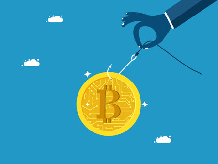 Digital money scam. Businessman holding hook with bitcoin money vectorのイラスト素材