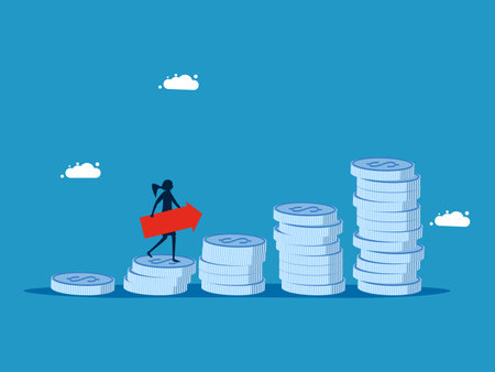 Investment for long term growth. businesswoman holding growth arrow on bar graph vectorのイラスト素材