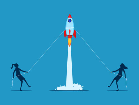 business competition. Two businesswomen race to pull a rocket. vector illustrationのイラスト素材