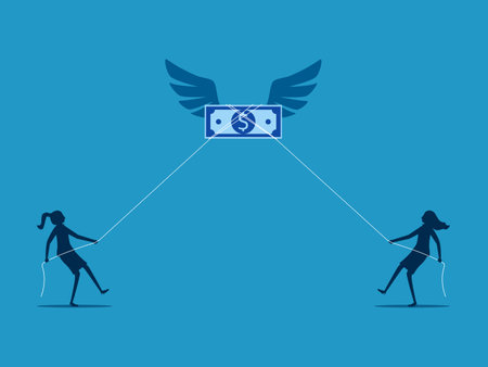 Finance and investment. Two businesswomen compete to pull banknotes. vector illustrationのイラスト素材
