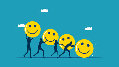 Business team pushing optimistic thinking. happy work concept vectorのイラスト素材