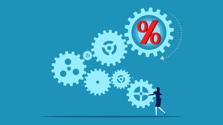 Federal Reserve Interest Rate Mechanism. Businesswoman connect gears mechanism and percentage vectorのイラスト素材