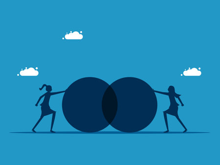Business cooperation. Two businesswomen pushing the circle towards each other. vectorのイラスト素材