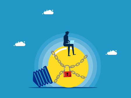 copyright or trademark. Businessman with a light bulb locked with a key vectorのイラスト素材