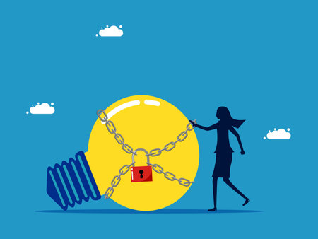 Intellectual property protection. woman standing with a light bulb locked with a key vectorのイラスト素材