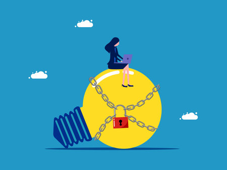 copyright or trademark. Businesswoman with a light bulb locked with a key vectorのイラスト素材