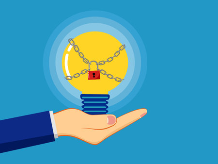 Copyright or trademark protection. Businessman holding light bulb locked with key vectorのイラスト素材
