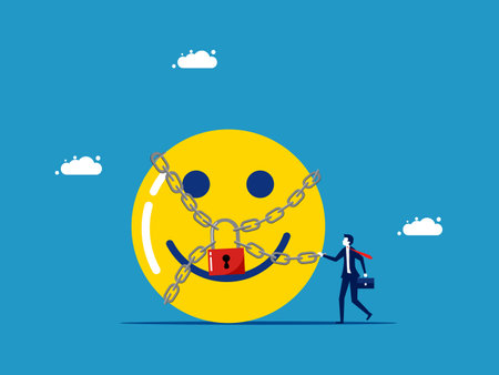 Emotional regulation. Businessman standing with optimistic icon locked with padlock vectorのイラスト素材