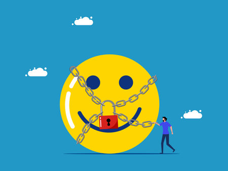 Protect happiness. man standing with optimistic icon locked with padlock vectorのイラスト素材