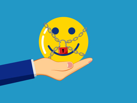 Keep calm. Businessman holding optimistic icon locked with padlock vectorのイラスト素材