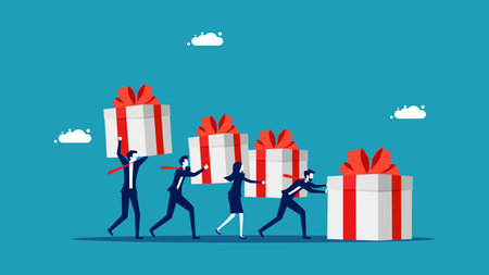 Give business gifts. business team pushing gift boxes vectorのイラスト素材