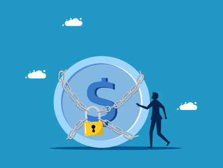 Money protection. Businessman and coin locked by padlock vectorのイラスト素材