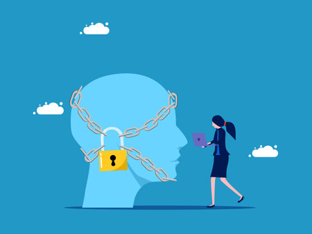 Block creativity. Businesswoman and head locked with padlock vectorのイラスト素材