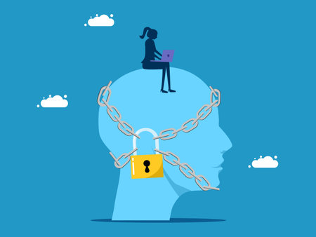 Block feelings. Businesswoman and head locked with padlock vectorのイラスト素材