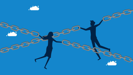 Supply chain and business vulnerability. Team of business people helping to hold chains together. vectorのイラスト素材