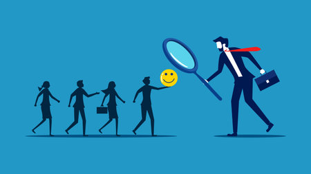 Recruit people who are in a good mood. Businessman using a magnifying glass to select kind hearted job candidates. vectorのイラスト素材