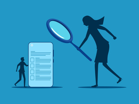 Check resumes online. Businesswoman boss checking data on employee smartphone. vectorのイラスト素材