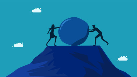 Leadership competition. two businessmen pushing a stone vectorのイラスト素材