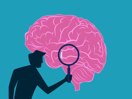 Understand the idea. Businessman uses a magnifying glass to examine the brain. vectorのイラスト素材