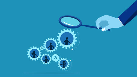 Human resources concept. Businessman uses a magnifying glass to examine employees. Vectorのイラスト素材