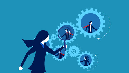 human resources. Businesswoman uses a magnifying glass to inspect employee mechanics. Vectorのイラスト素材