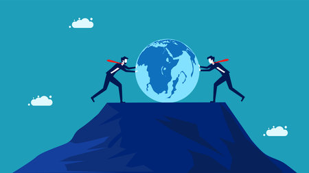 Economic competition. Two businessmen push the world. Vectorのイラスト素材