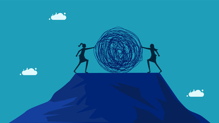 Two businesswomen pushing chaos. vector illustrationのイラスト素材