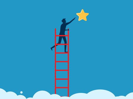 Ladder of success or ambition. Businessman climbs the stairs to the top and reaches for the stars vectorのイラスト素材