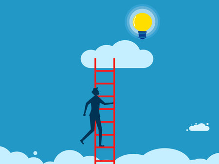Look for knowledge opportunities. Businessman climbs a ladder to catch a light bulb vectorのイラスト素材