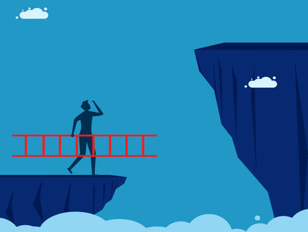 Find a solution. businessman holding a ladder is about to climb over a high cliff. vectorのイラスト素材