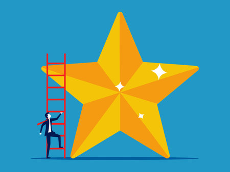 Maximum success. Businessman climbing up the stairs on a big star vectorのイラスト素材