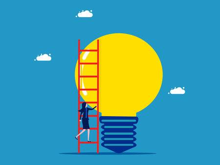 Challenging knowledge. Businesswoman climbs a ladder on a light bulb. Vectorのイラスト素材