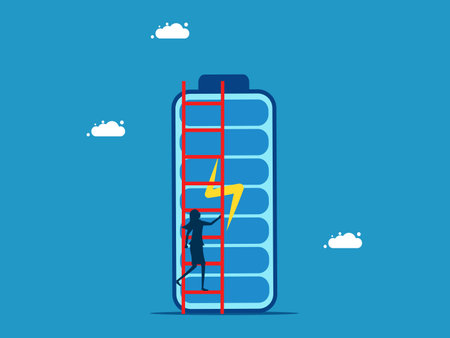 Working at full strength. Businesswoman climbs stairs to battery vectorのイラスト素材