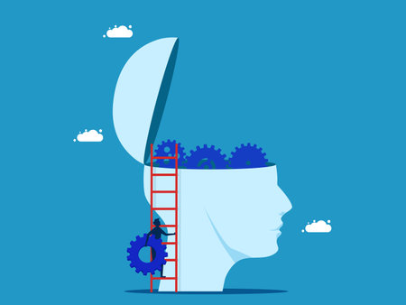Brain mechanics concept. man holds a gear to head. Vectorのイラスト素材