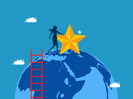 Global business success. woman with stars on earth vectorのイラスト素材
