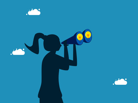 Anticipate the future with knowledge. Businesswoman uses binoculars to look at a light bulb. Vectorのイラスト素材