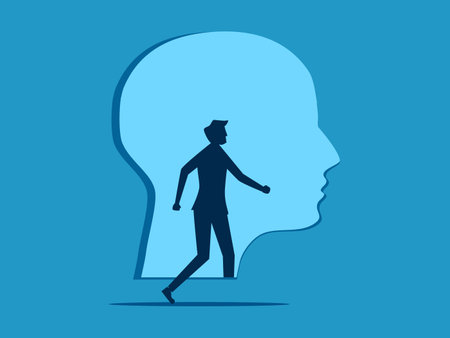 Open the door of thought. man steps into human head door vectorのイラスト素材