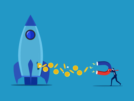 Financial innovation. Businessman uses a magnet to suck money from a rocket. Vectorのイラスト素材