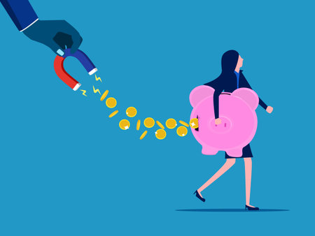 Savings lost. businesswoman has money sucked from his piggy bank. vectorのイラスト素材