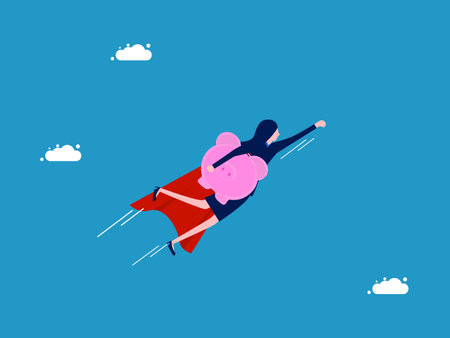 Saving money and recovering from financial crises. Businesswoman hero holding piggy bank soars in the sky. Vectorのイラスト素材