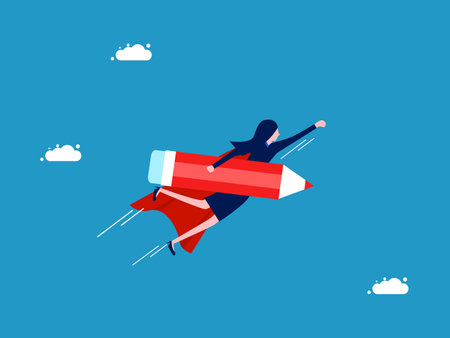 Best developer. Businesswoman hero holds a pencil and flies in the sky. Vectorのイラスト素材