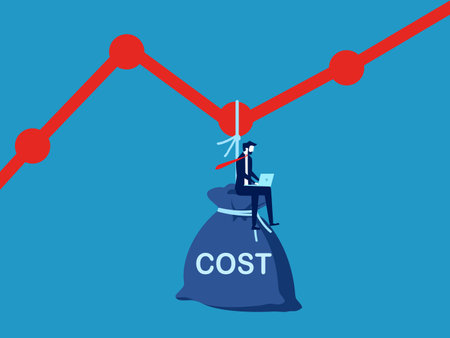 The concept of reducing costs to make more profits. Businessman uses laptop to analyze cost charts vectorのイラスト素材