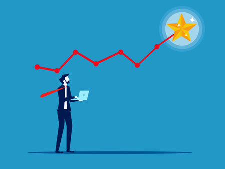 Grow to success. Businessman with laptop analyzing graphs and stars. Vectorのイラスト素材